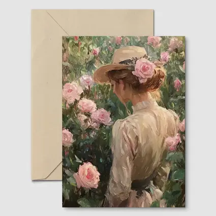 Woman in Hat Among Pink Roses Painting