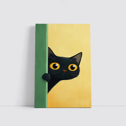 Curious Black Cat Peeking Around Green Wall