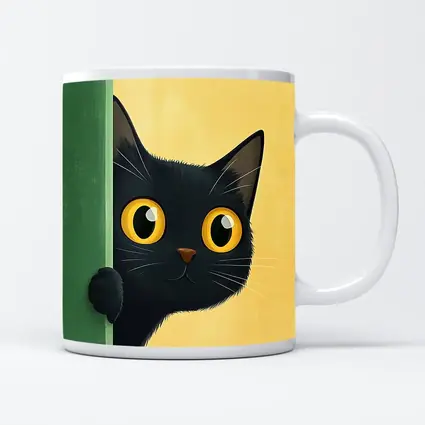 Curious Black Cat Peeking Around Green Wall