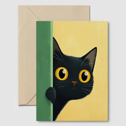Curious Black Cat Peeking Around Green Wall