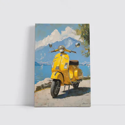 Yellow Vespa Scooter Italian Lake Painting