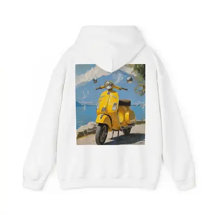 Yellow Vespa Scooter Italian Lake Painting