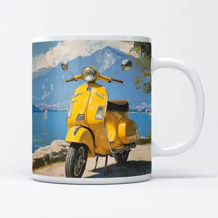 Yellow Vespa Scooter Italian Lake Painting