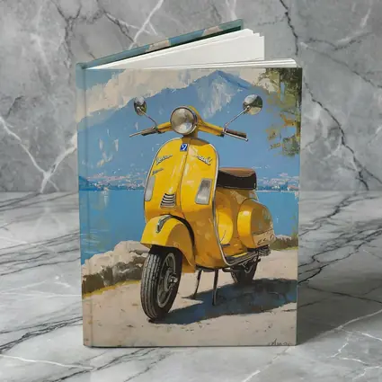 Yellow Vespa Scooter Italian Lake Painting
