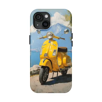 Yellow Vespa Scooter Italian Lake Painting