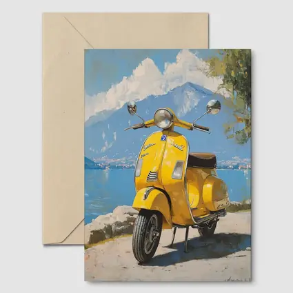 Yellow Vespa Scooter Italian Lake Painting