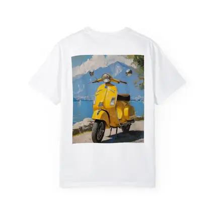 Yellow Vespa Scooter Italian Lake Painting