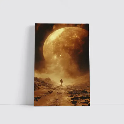 Lone Astronaut Walking Toward Giant Planet