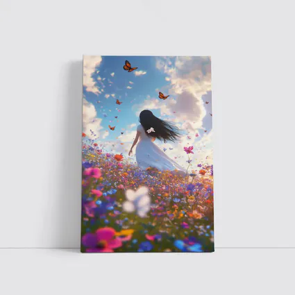 Girl in White Dress Wildflower Field Butterflies