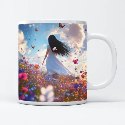 Girl in White Dress Wildflower Field Butterflies