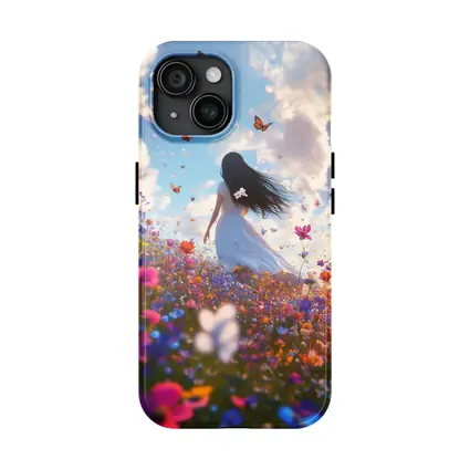Girl in White Dress Wildflower Field Butterflies