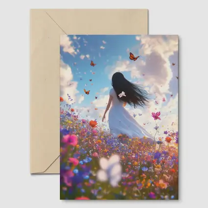 Girl in White Dress Wildflower Field Butterflies