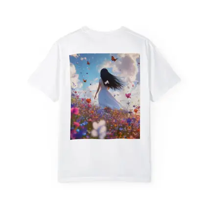 Girl in White Dress Wildflower Field Butterflies