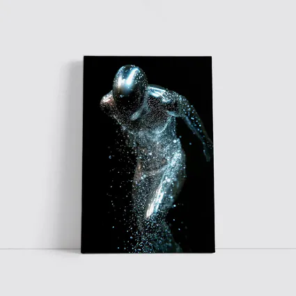 Silver Figure Running Particle Explosion Dark Background