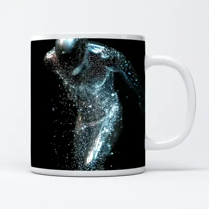 Silver Figure Running Particle Explosion Dark Background