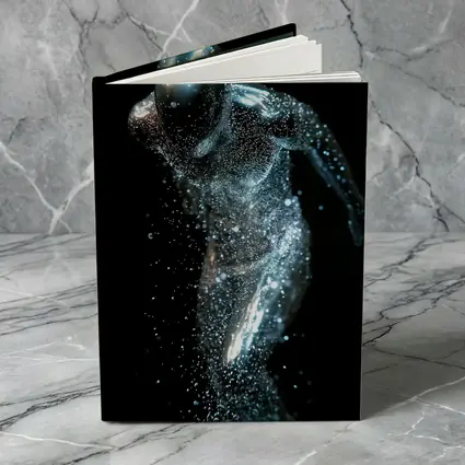 Silver Figure Running Particle Explosion Dark Background