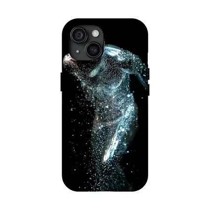 Silver Figure Running Particle Explosion Dark Background