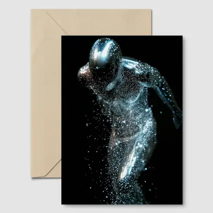Silver Figure Running Particle Explosion Dark Background