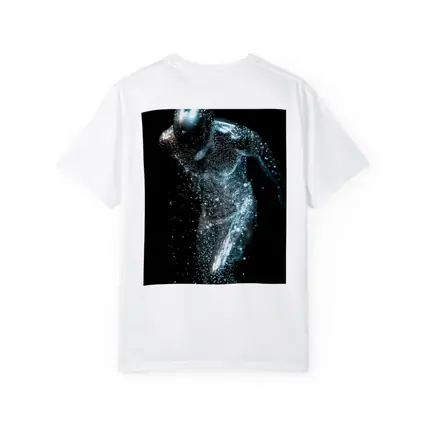 Silver Figure Running Particle Explosion Dark Background