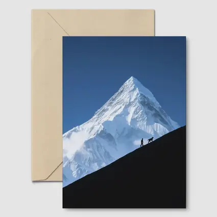 Hiker and Dog Silhouette Snow Mountain