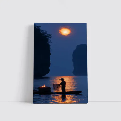 Fisherman Silhouette Moonlit River Karst Landscape