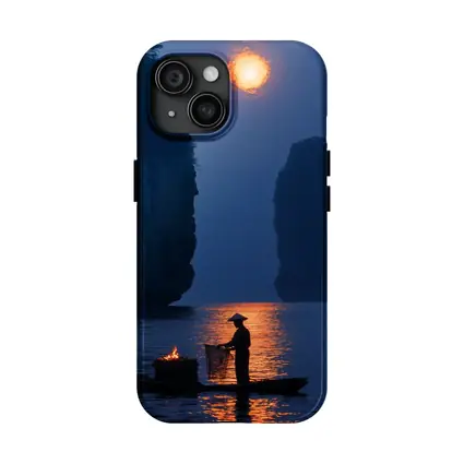Fisherman Silhouette Moonlit River Karst Landscape