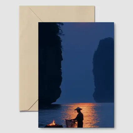 Fisherman Silhouette Moonlit River Karst Landscape