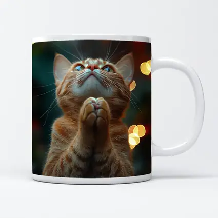 Orange Tabby Cat Praying Bokeh Lights Background