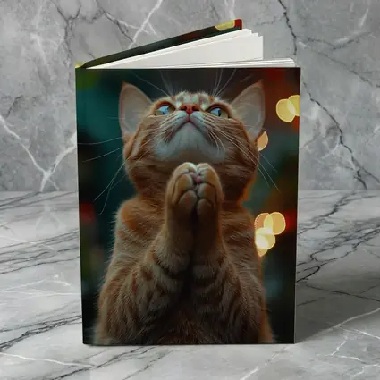 Orange Tabby Cat Praying Bokeh Lights Background