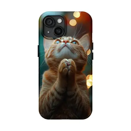 Orange Tabby Cat Praying Bokeh Lights Background