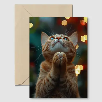 Orange Tabby Cat Praying Bokeh Lights Background