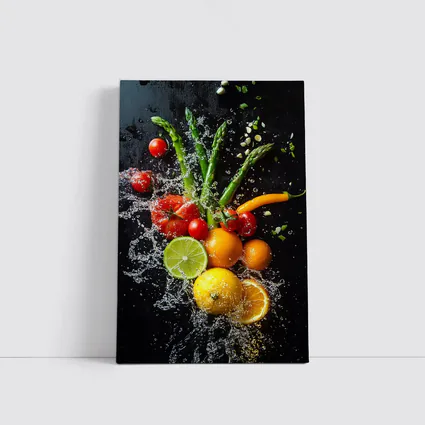 Fresh Vegetables Fruits Water Splash Dark Background