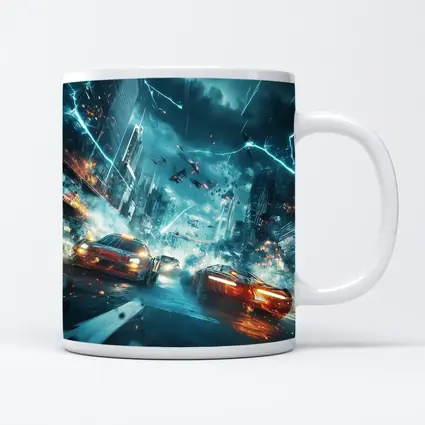 Futuristic Cars Racing Through Stormy City