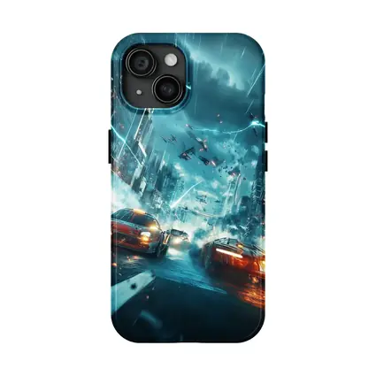 Futuristic Cars Racing Through Stormy City