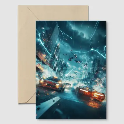 Futuristic Cars Racing Through Stormy City
