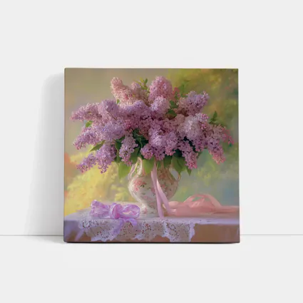 Lilac Bouquet Porcelain Vase Lace Table