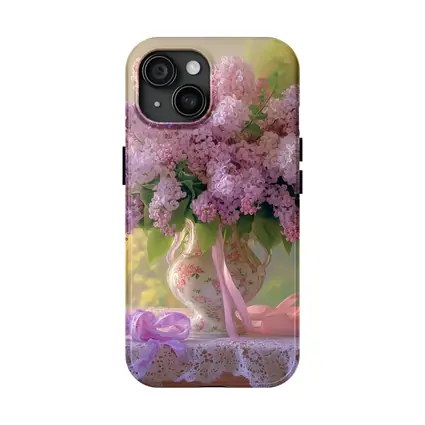 Lilac Bouquet Porcelain Vase Lace Table