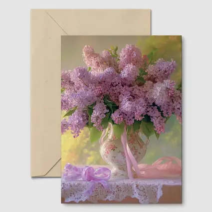 Lilac Bouquet Porcelain Vase Lace Table