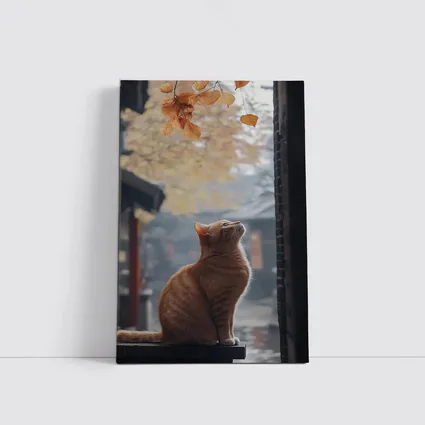 Orange Cat Watching Autumn Leaves Fall