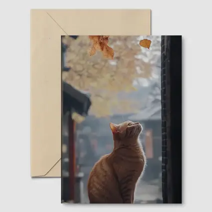 Orange Cat Watching Autumn Leaves Fall