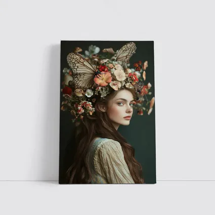 Woman Flower Crown Butterflies Dark Background