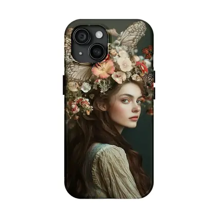 Woman Flower Crown Butterflies Dark Background
