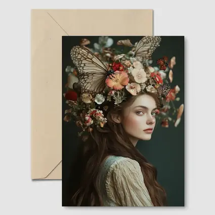 Woman Flower Crown Butterflies Dark Background