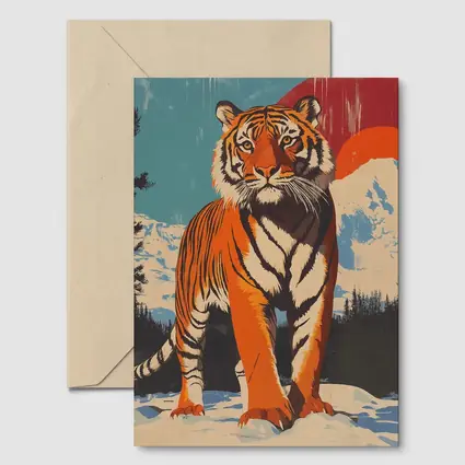 Tiger Standing in Snowy Mountain Landscape