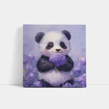Cute Panda Holding Purple Hydrangea Flowers