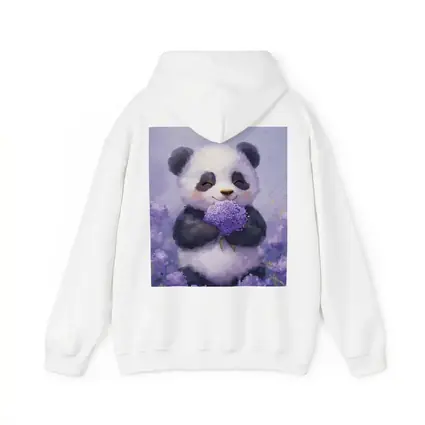 Cute Panda Holding Purple Hydrangea Flowers