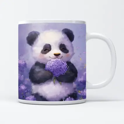 Cute Panda Holding Purple Hydrangea Flowers