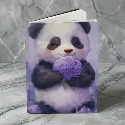 Cute Panda Holding Purple Hydrangea Flowers