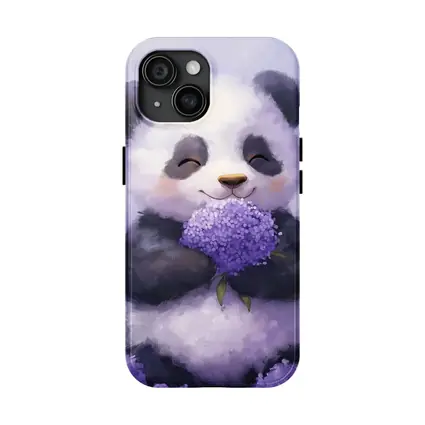 Cute Panda Holding Purple Hydrangea Flowers