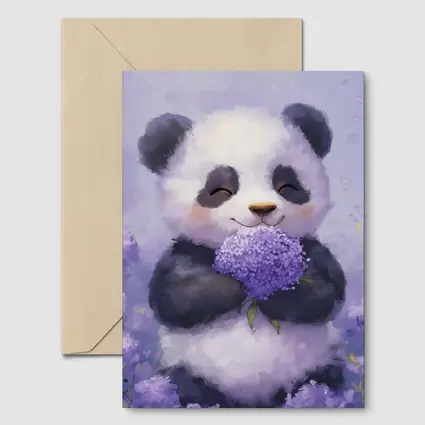 Cute Panda Holding Purple Hydrangea Flowers